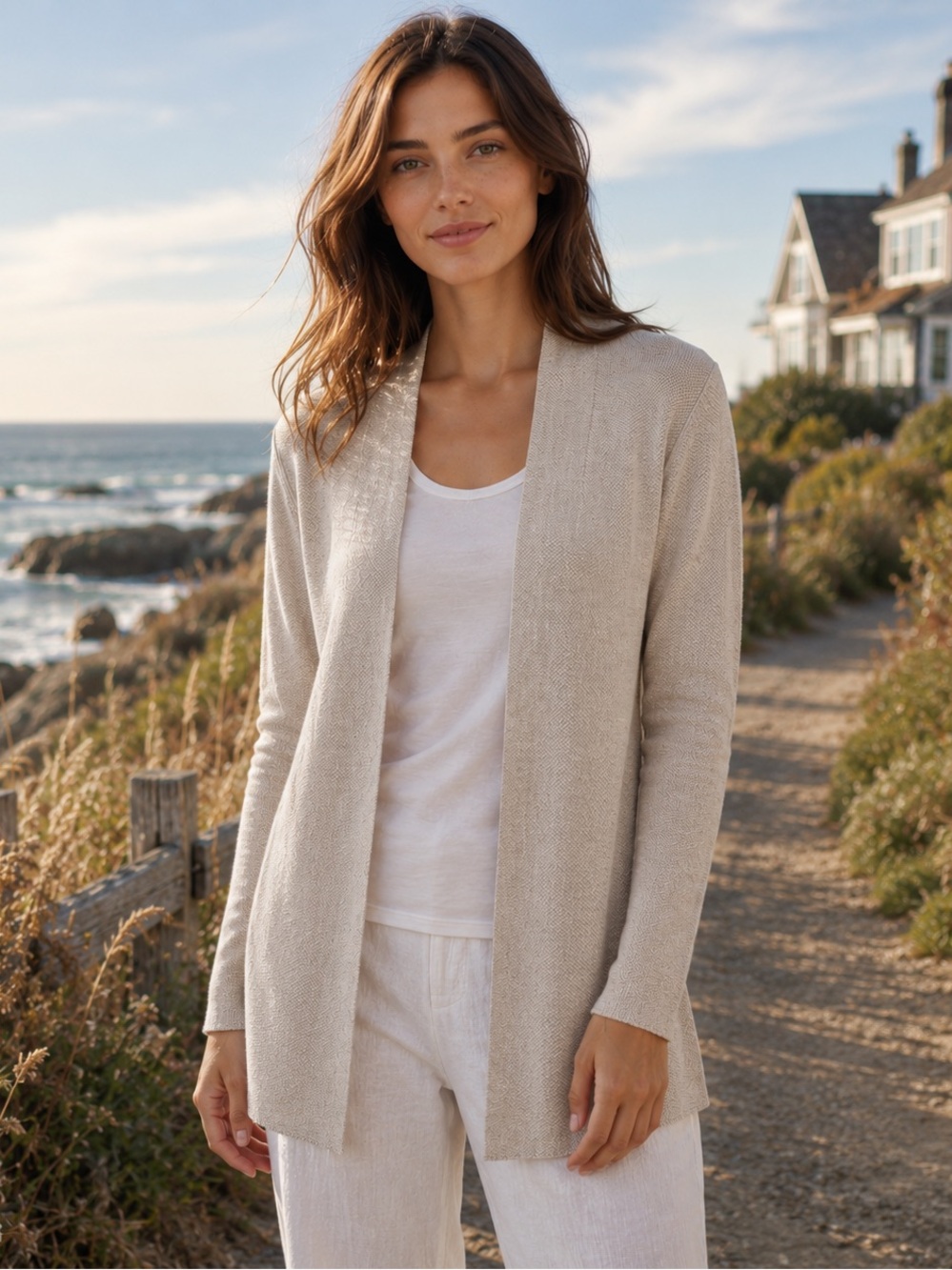 Eileen Fisher Open Front Linen Cotton Cardigan Sweater XXS Oatmeal Beige